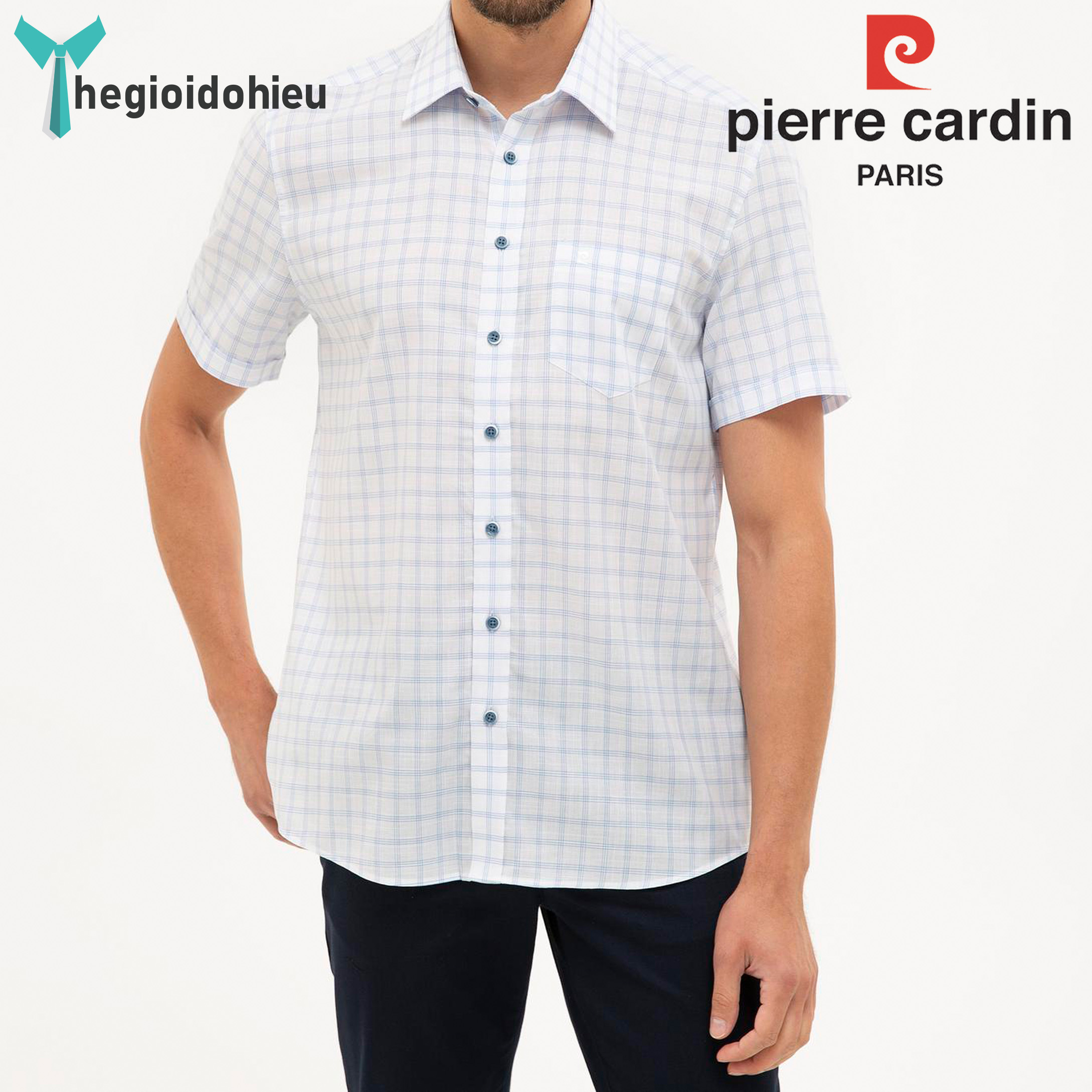  Áo sơ mi nam ngắn tay Pierre Cardin PCShirt84  Trắng caro nhạt  - Hàng nhập khẩu - Có túi 