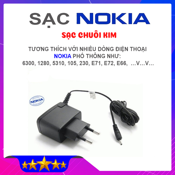 Sạc chân kim đầu nhỏ cho nokia 1280, 1200, 6300, 1202, e63, e71, e73,.. sạc chuôi nhỏ nokia chất lượng tốt