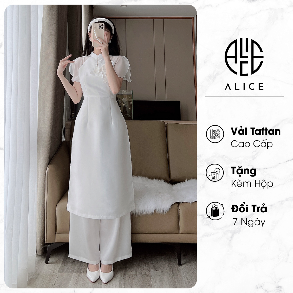 Set áo dài kèm quần alice màu trắng chất liệu tafta cao cấp mềm mịn có thiết kế đính ngọc hoa nổi ad238