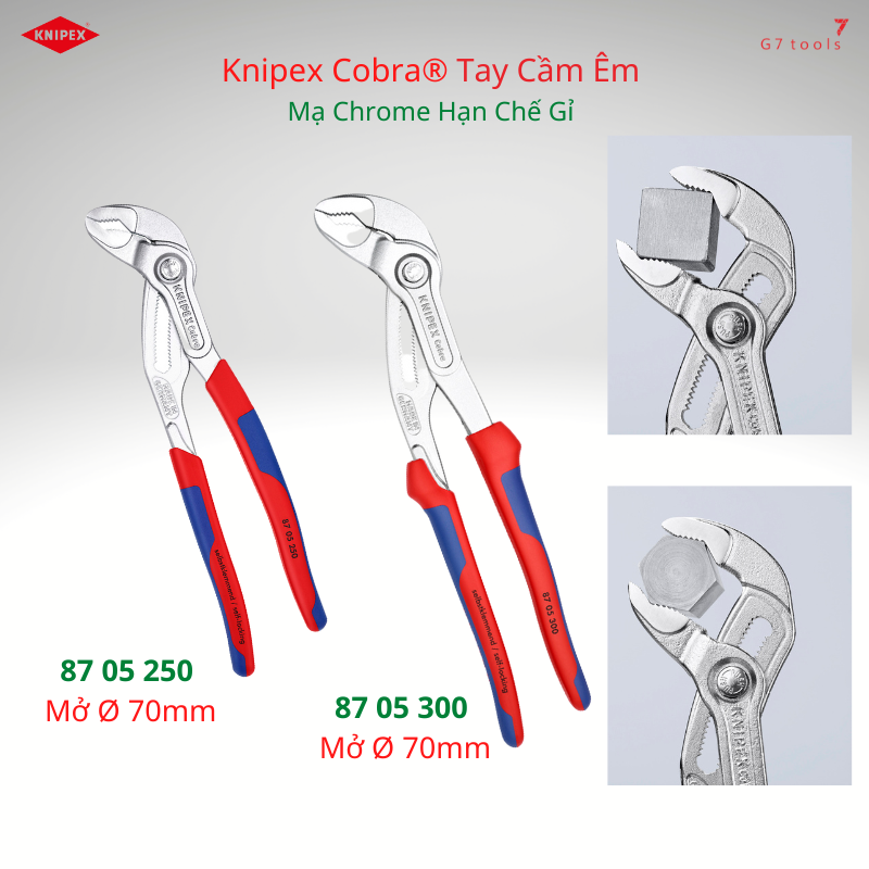 Kìm nước mỏ quạ knipex cobra® 87 05 250/ 87 05 300 mở đến ø70mm chiều dài 300mm mạ chrome hạn chế gỉ sét - sản xuất tại đức