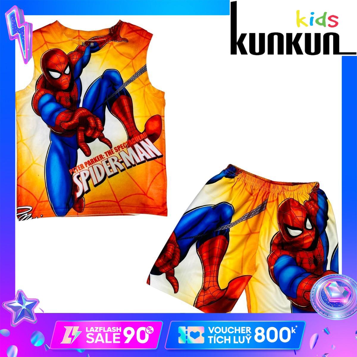 Quần áo bé trai in hình Spider vàng chất Thun lạnh Kunkun Kid BL150 - Bộ ba lỗ bé trai size đại từ 10-60kg