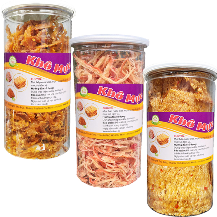[HCM]Combo 3 hũ: mực ép gia vị - mực hấp nước dừa - mực sợi tẩm vị mỗi hũ 200g