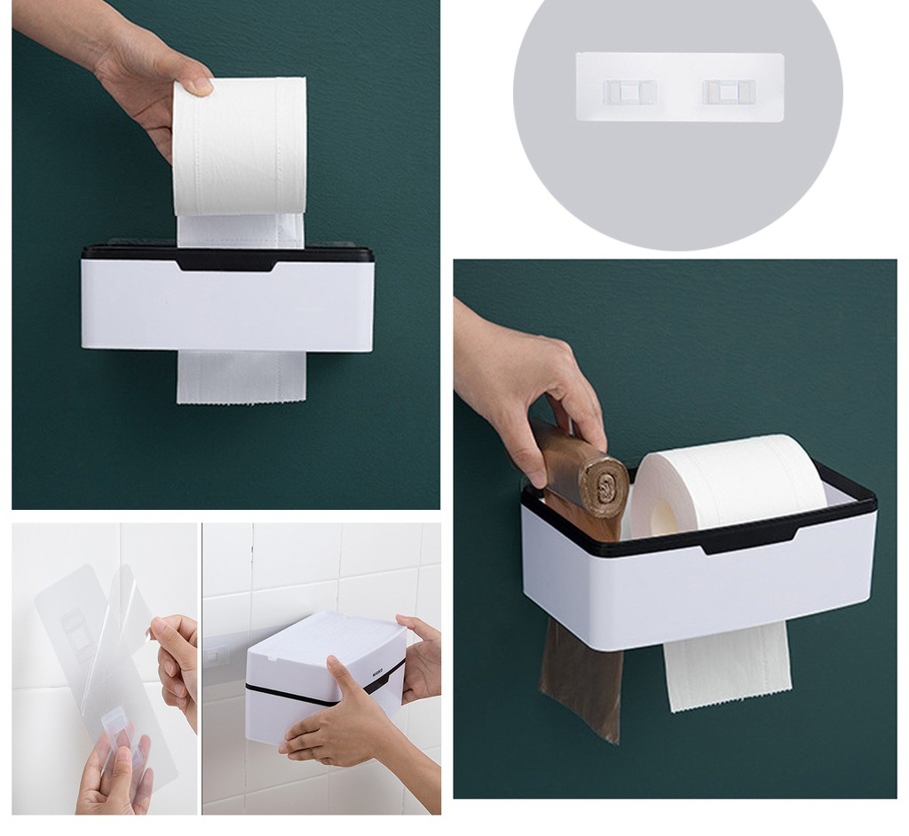 Hộp đựng khăn giấy, giấy vệ sinh đa năng kèm ngăn để túi đựng rác dán tường [hàng cao cấp] Mã vs01