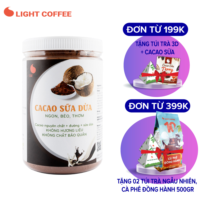 Bột cacao sữa dừa Light Cacao không hương liệu, vị đậm đà - Hũ 550gr