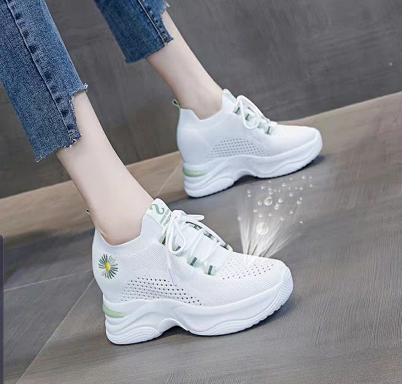 Giày thể thao nữ độn đế 7cm phối vạch phản quang chất vải lưới cực thoáng