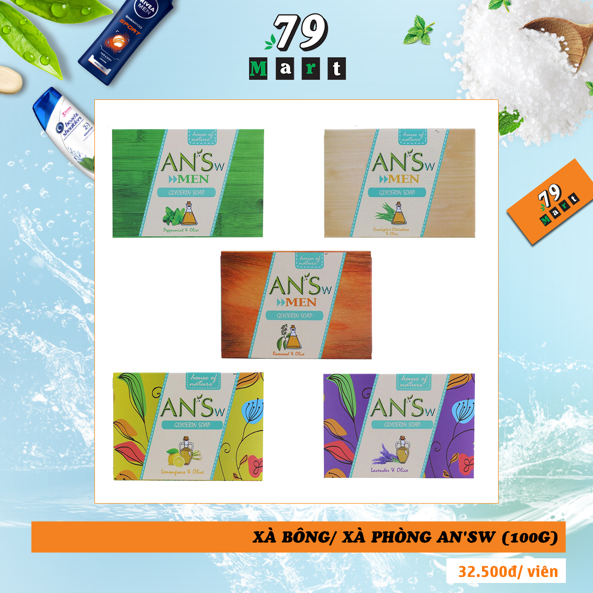 Xà phòng AN'Sw 100g nhiều mùi (Bạc Hà, Bạch Đàn Chanh, Gỗ Hồng, Oải Hương, Sả Chanh) - Siêu thị tiện lợi 79MART