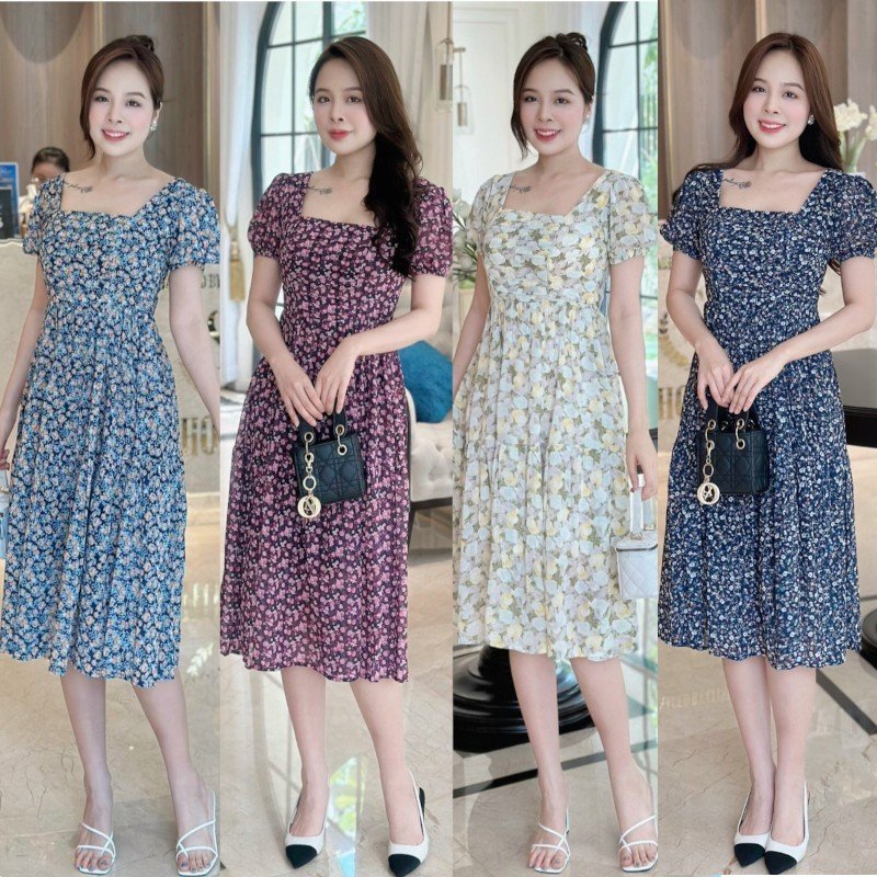 Đầm xòe hoa cổ vuông xếp ly ngực, tay phồng bo chun Misa - MS0287