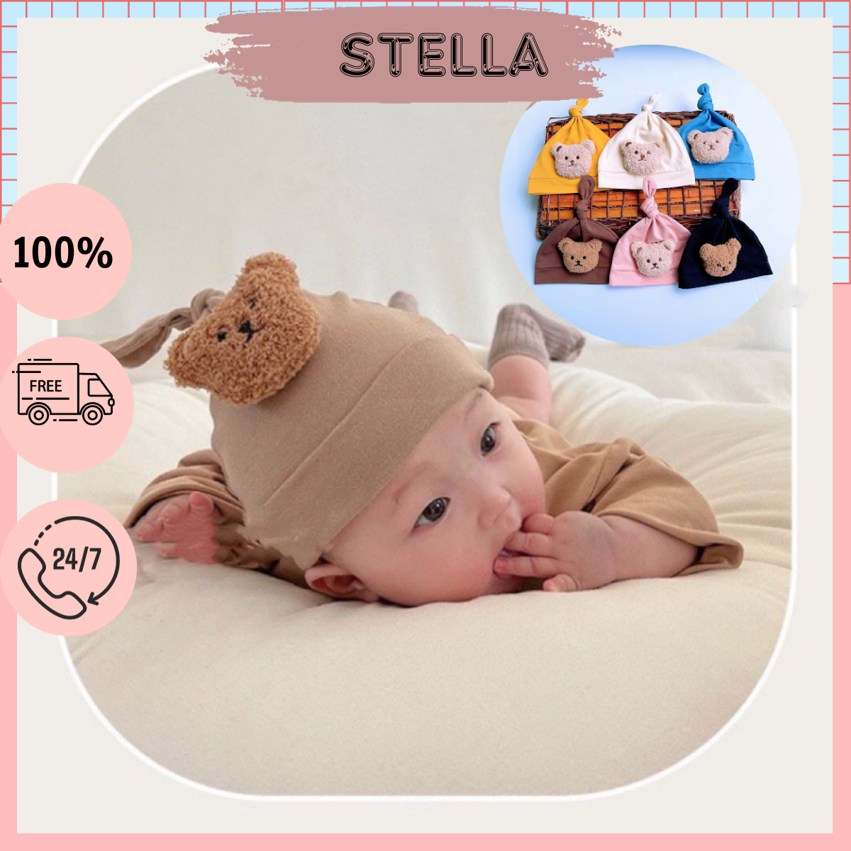 Mũ nón gấu bông đáng yêu cho bé. Nón thắt nút củ tỏi đính gấu. Chất cotton thoáng mát Size 3-10kg