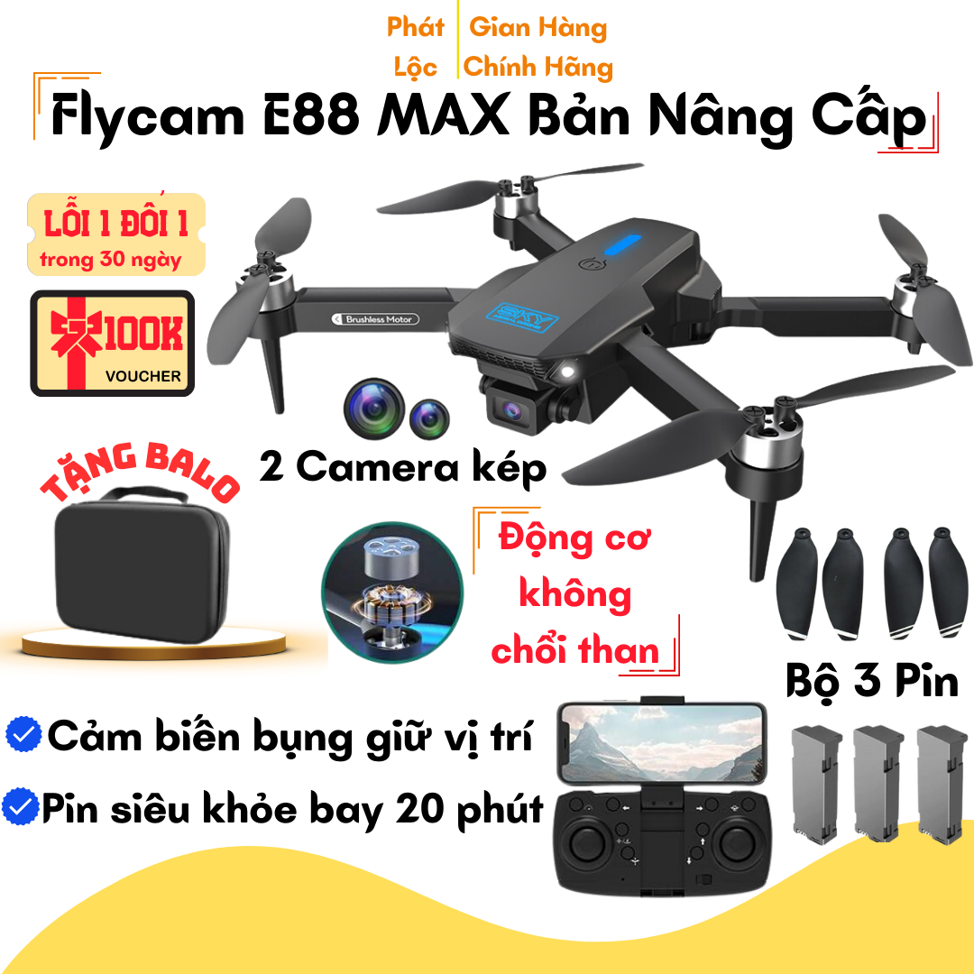 Máy bay camera Flycam E88 Max điều khiển từ xa có camera tích hợp động cơ không chổi than, flycam mini, drone camera 4k, 2 camera cao cấp, Pin siêu trâu