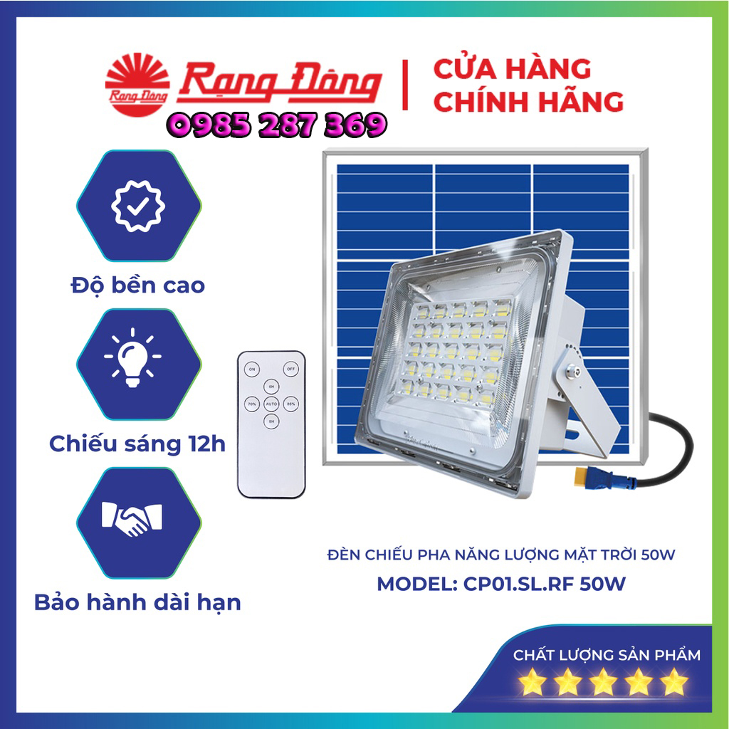Đèn năng lượng mặt trời sân vườn 50w rạng đông chiếu pha, trong nhà, nmlt, model: cp01.sl.rf 50w