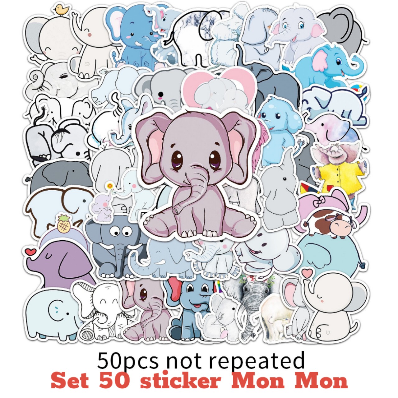 Set 50 Sticker Decal Chống Nước hình voi, hươu, Gấu Pooh Dễ Thương Dán Nón BH, laptop, vali, xe, tập vở, điện thoại, ván trượt