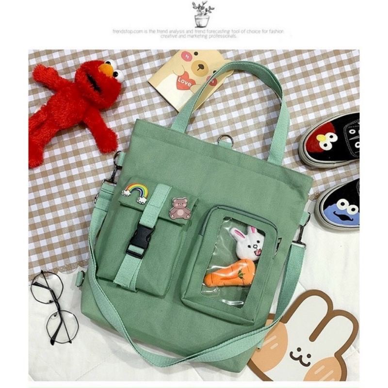Túi tote túi vải canvas phong cách hàn quốc có khóa kéo phối mica