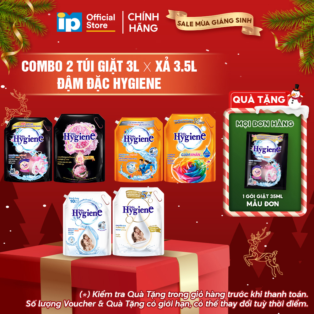 Combo Túi Nước Giặt Đậm Đặc Hygiene 3L x Nước Xả Vải Đậm Đặc Hygiene 3.5L Dịu Êm Ánh Dương Hạnh Phúc Hoa Mẫu Đơn