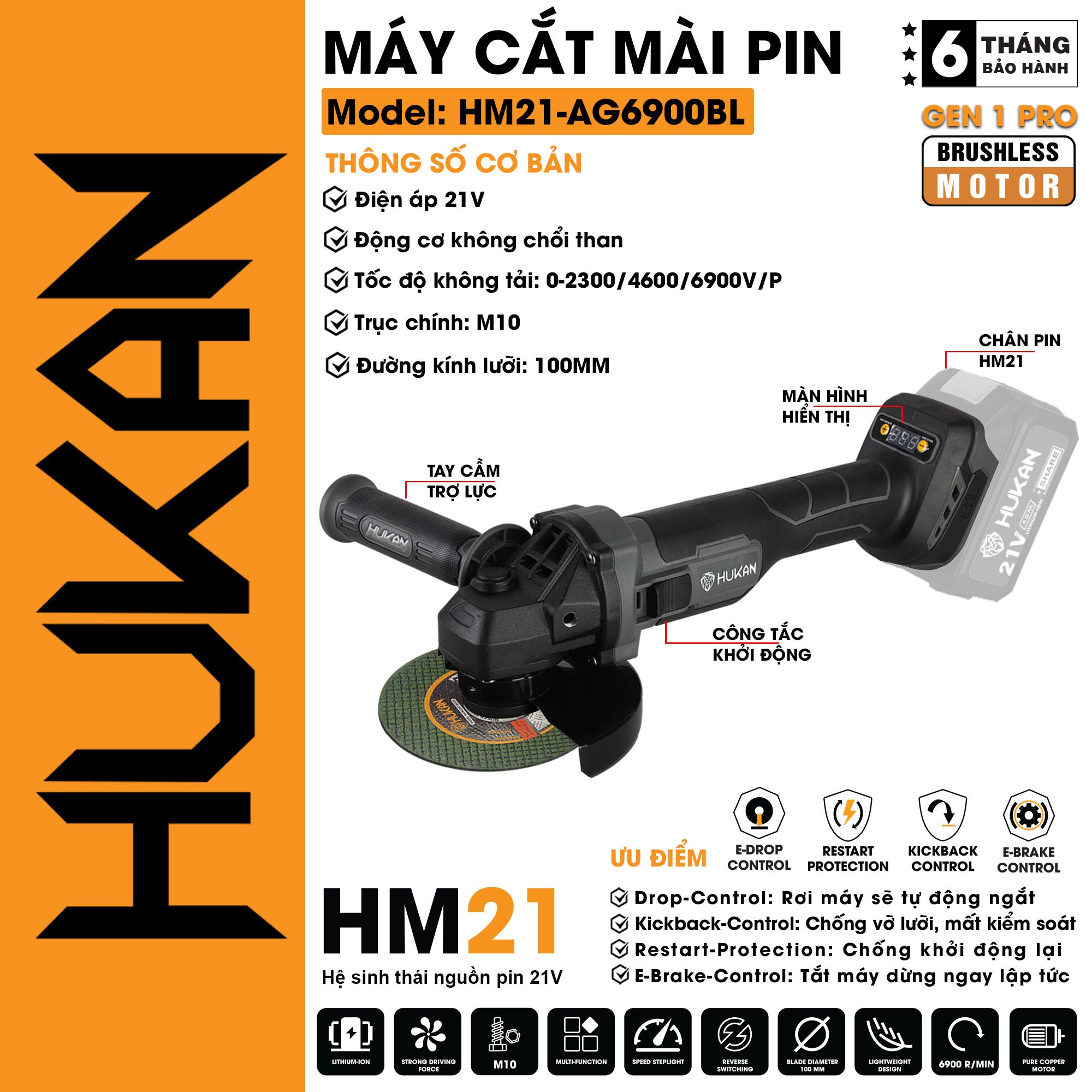 Máy cắt mài dùng pin HUKAN HM21-AG6900BL (chưa có pin sạc)