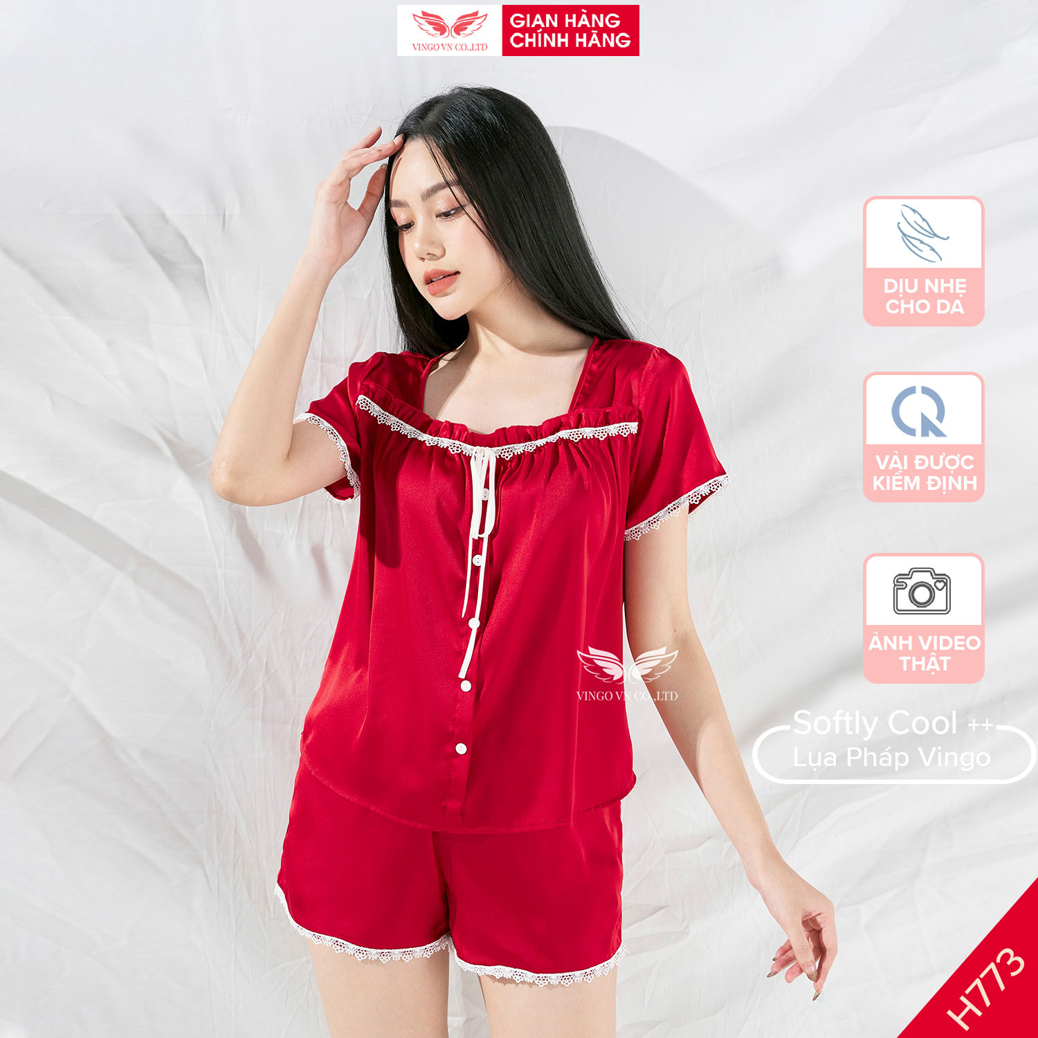 Đồ bộ nữ pijama mặc nhà lụa cao cấp mùa hè Vingo tay ngắn quần đùi trơn màu đỏ cổ vuông có nơ H773 VNGO TCQC