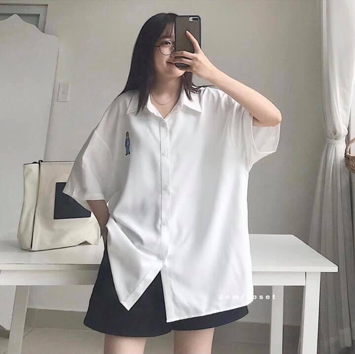 Áo sơ mi thêu gấu, áo sơ mi cộc tay phom thụng