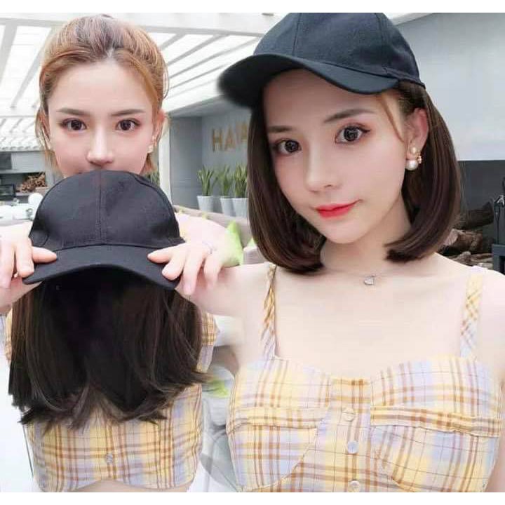 Tóc giả vic kèm mũ kiểu ngắn ngang vai. Nón tóc vic