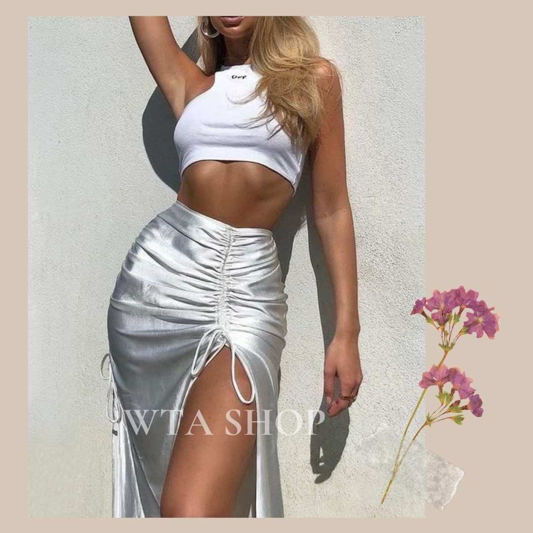 Chân váy satin lụa trắng Ulzzang Hàn Quốc rút dây xẻ tà 2 bên dáng dài qua gối sexy quyến rũ từ Kẹo Đường shop