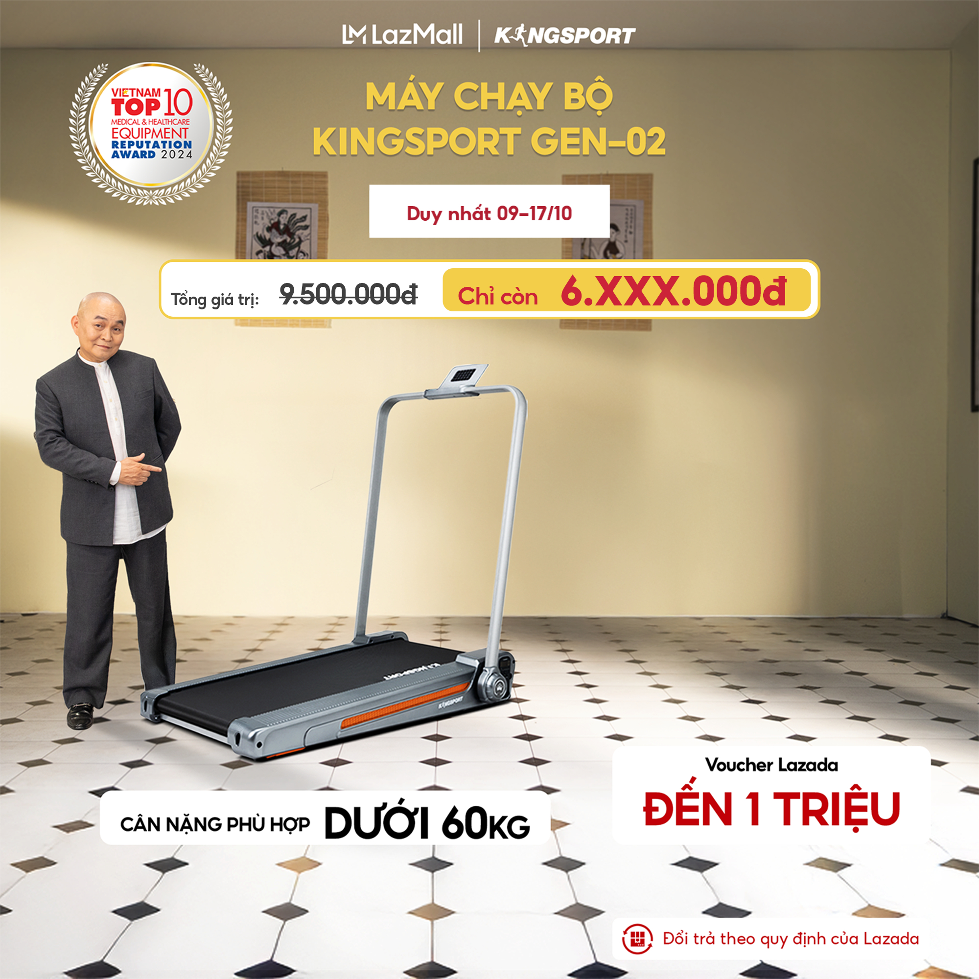 CHỈ GIAO MIỀN NAM | Máy chạy bộ KINGSPORT GEN02 thảm chạy kim cương, tốc độ tối đa 14km/h, kèm khóa an toàn