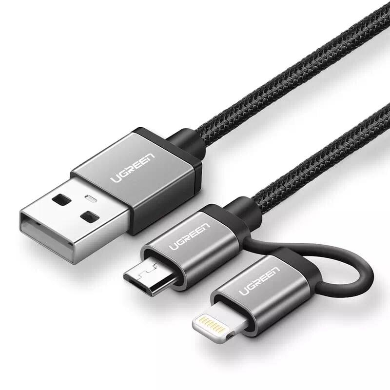 Ugreen 30892 1m màu đen cáp sạc đa năng usb sang microusb + lightning us165