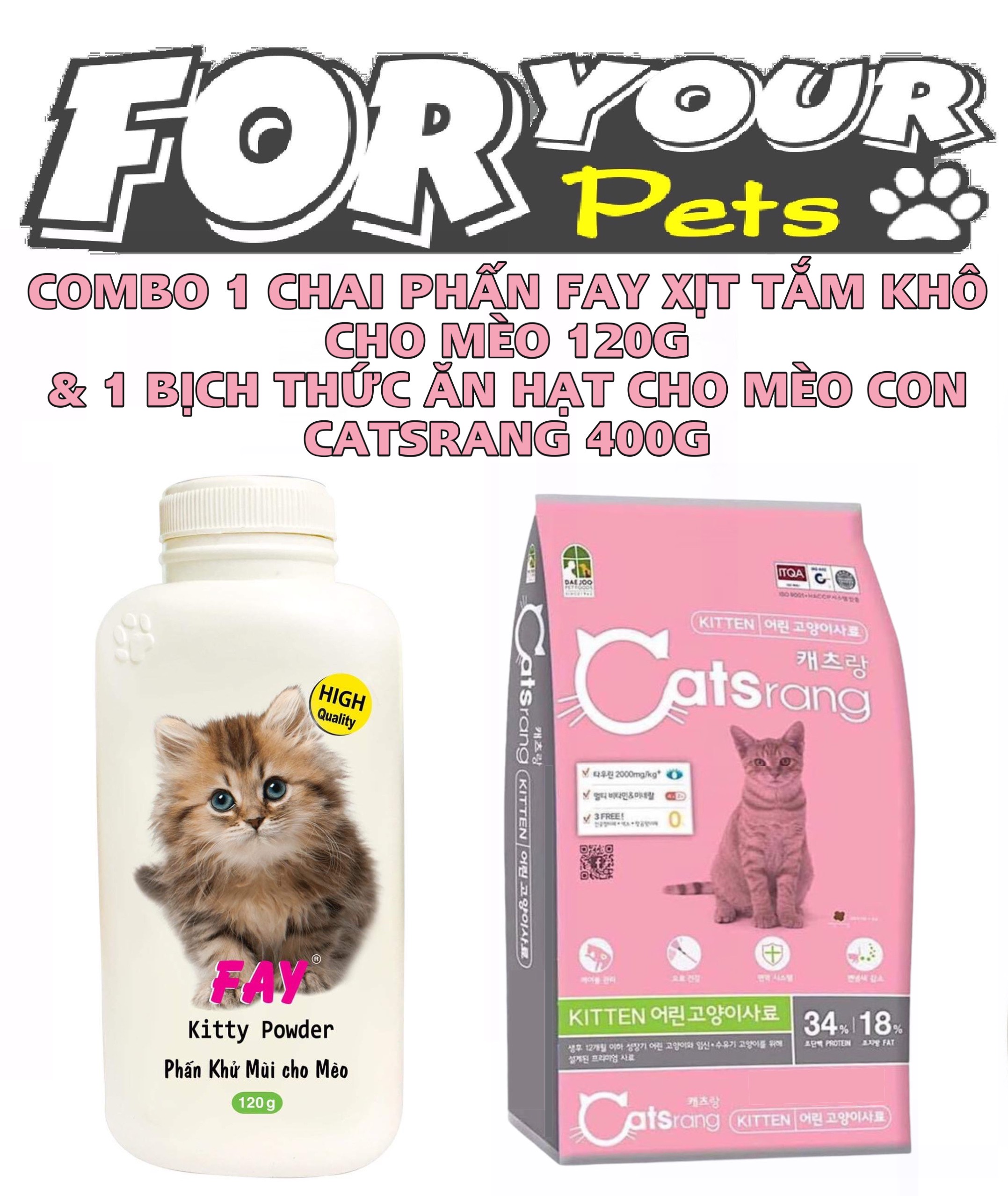 COMBO 1 CHAI PHẤN TẮM KHÔ KHỬ MÙI CHO MÈO 120G & 1 BỊCH THỨC ĂN HẠT CHO MÈO CON CATSRANG 400G