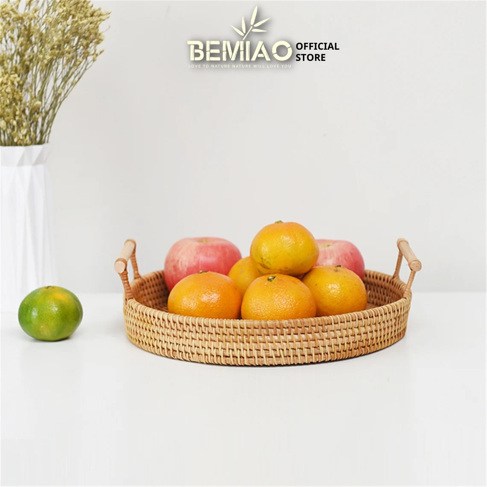 Khay mây có tay cầm gỗ đựng bánh mì, hoa quả, trà bánh Khay trà Khay trang trí Bemiao shop
