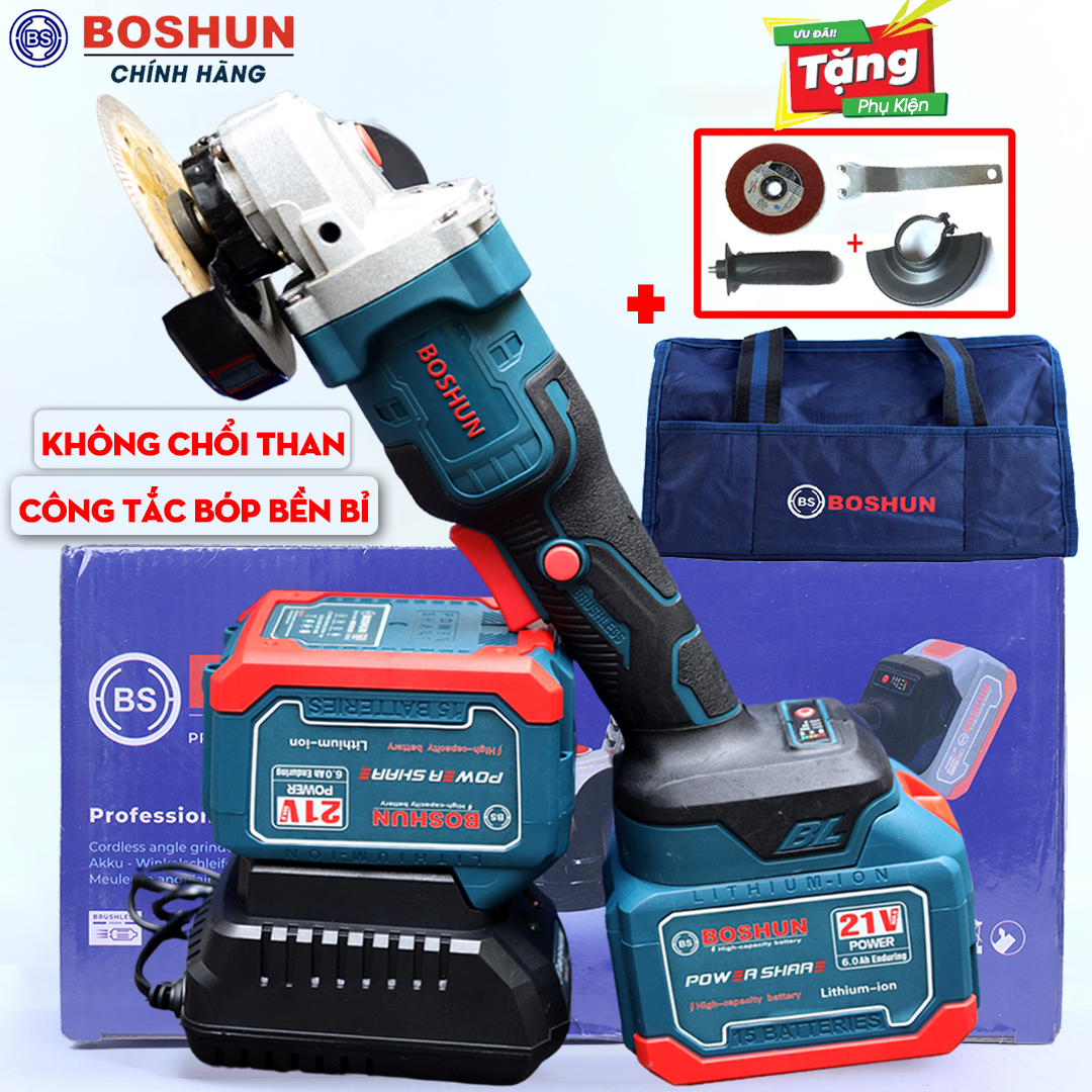 [CHÍNH HÃNG] Máy Mài, Cắt Pin Công Tắc Bóp Boshun BS-AG100BL Không Chổi Than 100% Lõi Đồng, Tặng Full Phụ Kiện - Máy Cắt, Máy Cưa, Máy Đánh Bóng , Máy Mài, Bảo Hành Chính Hãng 12 Tháng