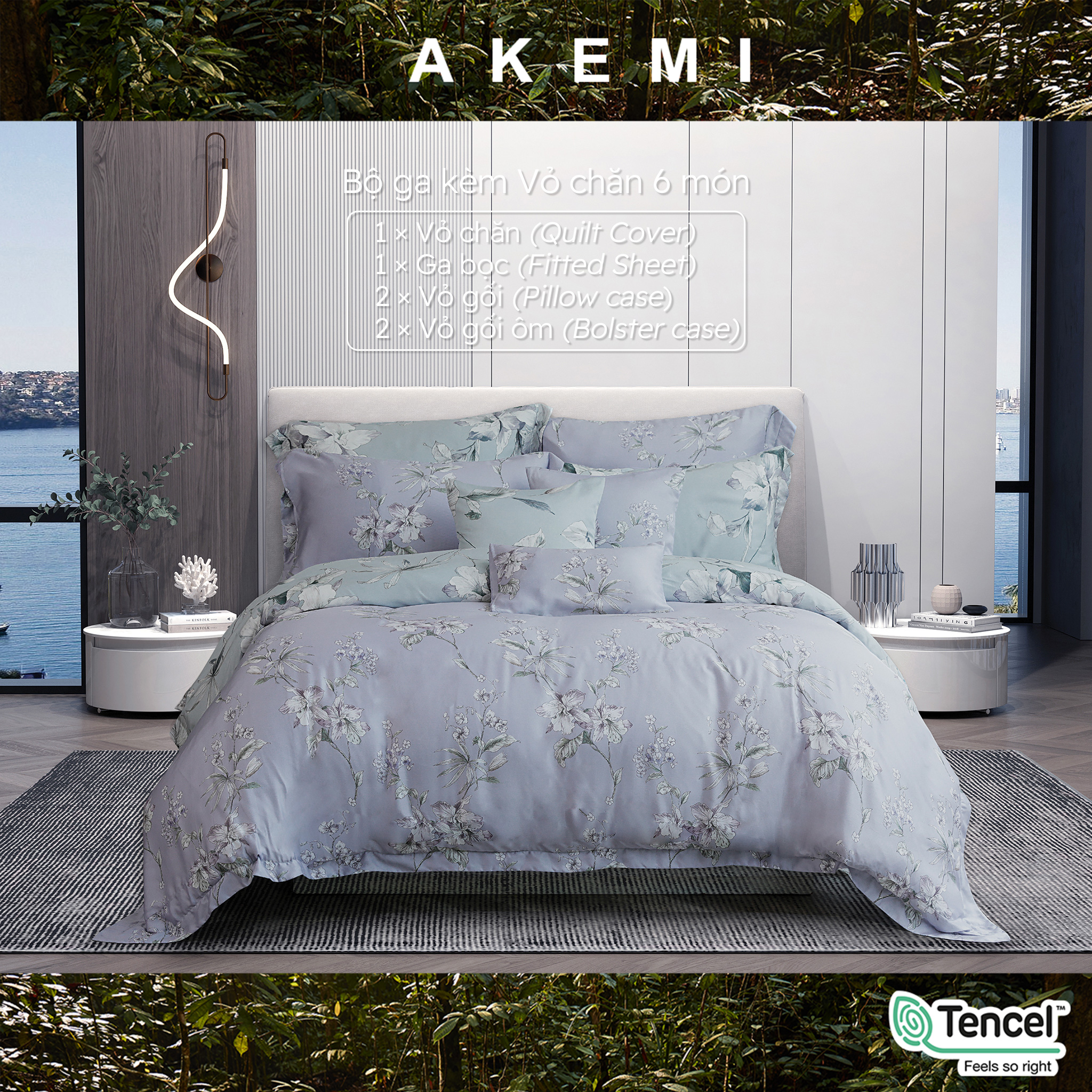 Bộ Ga kèm Vỏ Chăn Akemi Tencel Virtuous sử dụng được 2 mặt, gồm 6 món