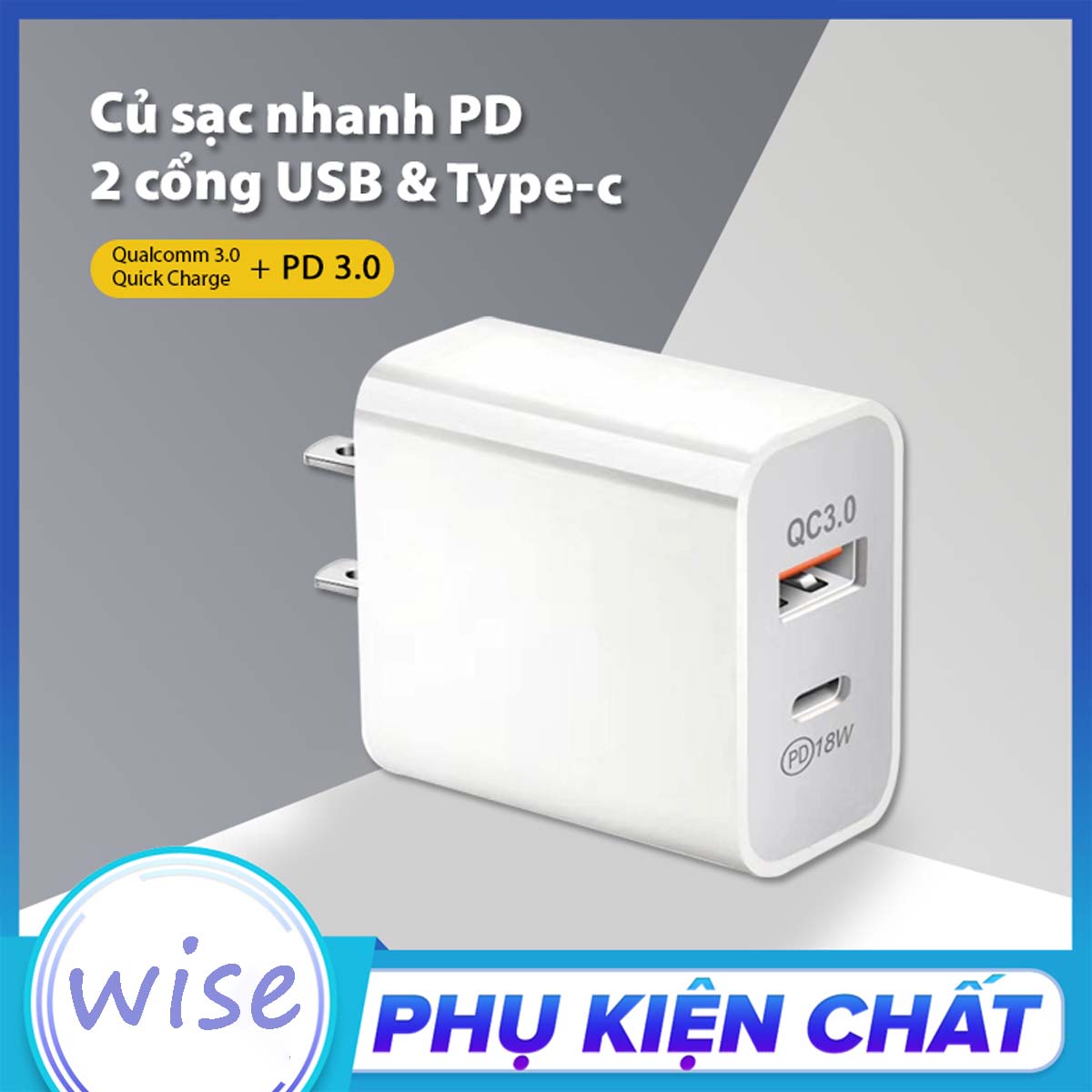 Củ sạc 2 cổng qc3.0/pd 18w - tích hợp cổng sạc nhanh type c cho ip 8 trở lên