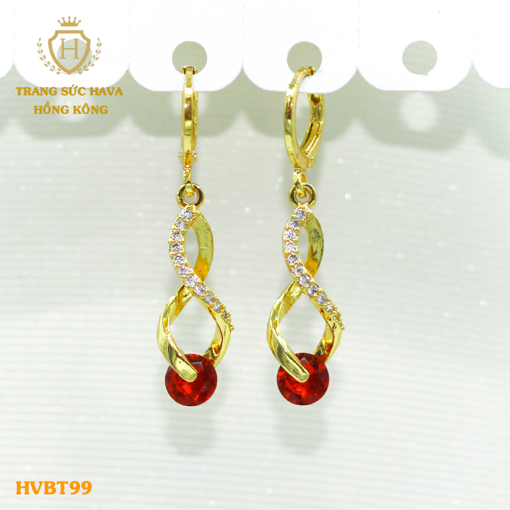 Khuyên Tai, Bông Tai, Hoa Tai Nữ Đính Đá Màu Đỏ Dáng Dài Phong Cách Thời Trang, Titan Xi Mạ Vàng Non 10k, 18k, 24k Thật Cao Cấp - Trang Sức Hava Hong Kong