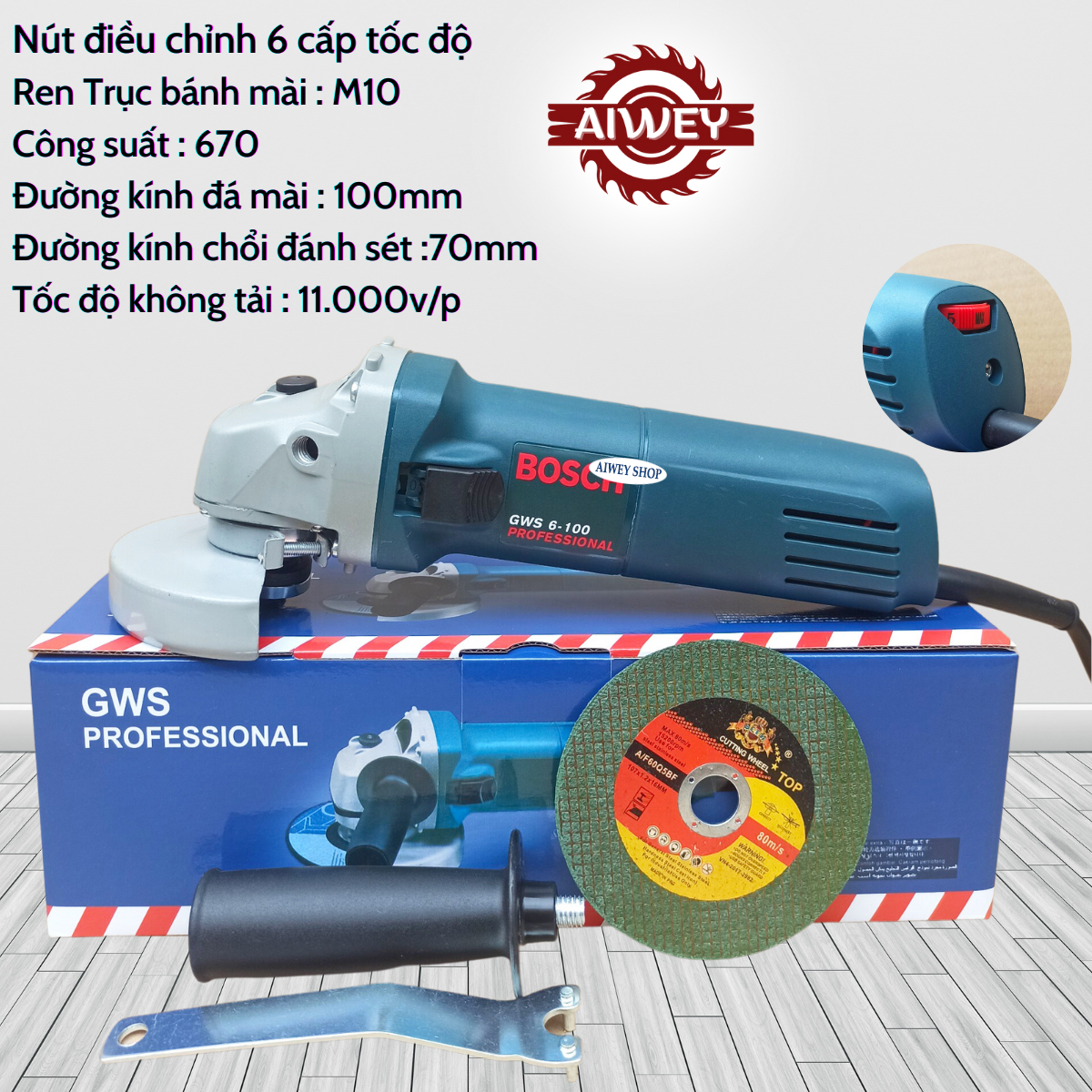 MÁY MÀI CẦM TAY CÓ ĐIỀU CHỈNH TỐC ĐỘ 1 TẤC GWS 6-100 TẶNG KÈM LƯỠI CẮT 1 TẤC