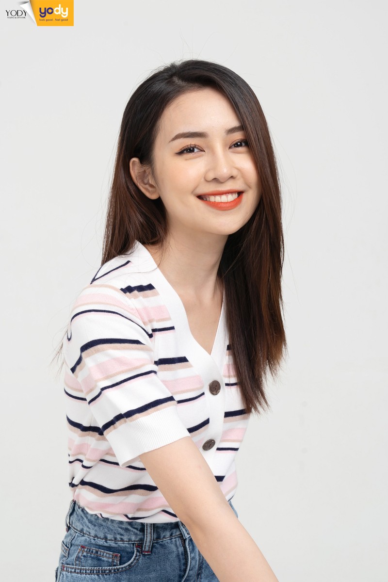 Áo Len Kẻ Cộc Tay Cúc Nẹp YODY