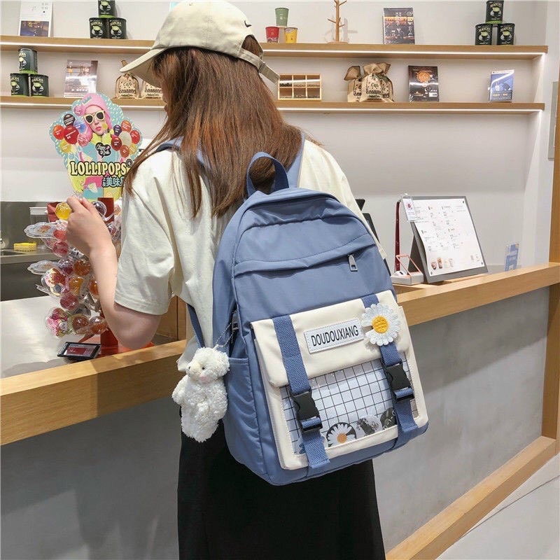 Balo phối túi hộp caro hoa cúc