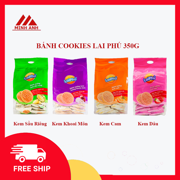 Bánh nướng Lai Phú (kem sầu riêng/kem cam/kem khoai môn/kem dâu) gói 350g, bánh cookies Lai Phú, bánh nướng giòn tan, thơm phức, Bách hoá Minh Anh