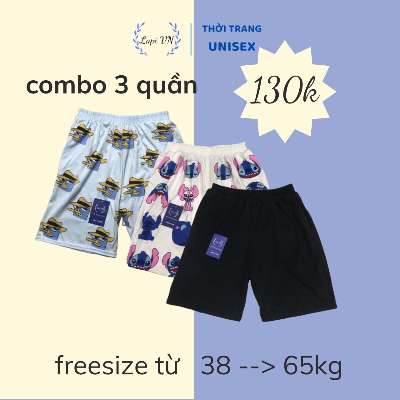 COMBO 3 Quần Short Hoạt Hình (mẫu 4) -Lapi VN ,FREESIZE đến 65kg, Nam Nữ Đều Mặc Được