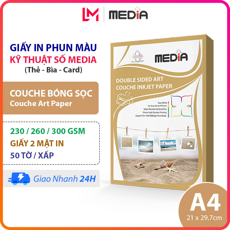 Giấy In Màu Media A4 Couche Bóng Sọc 2 Mặt In 230/260/300gsm 50 Tờ, Inkjet Couche Art Glossy Paper, Giấy In Phun Màu A4