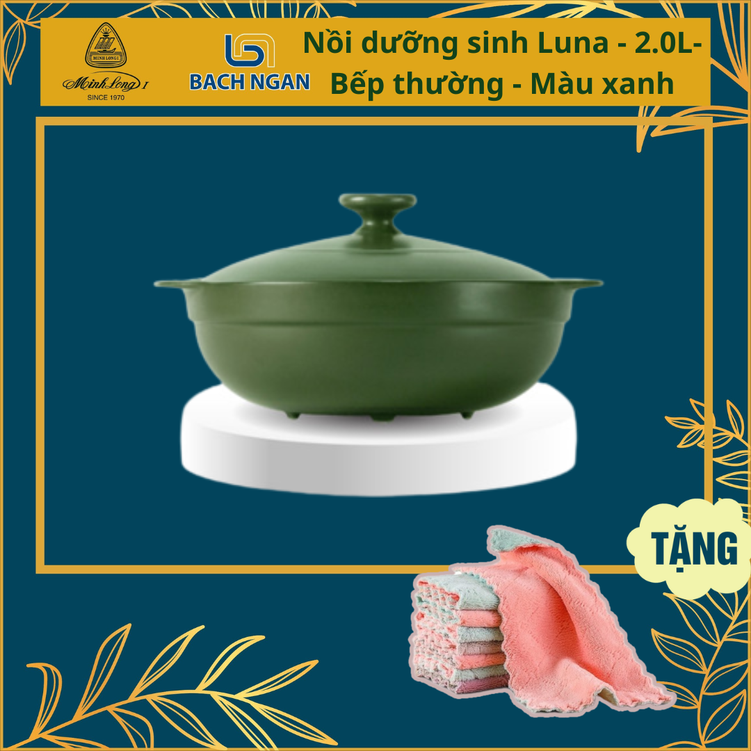 Nồi Sứ Dưỡng Sinh Minh Long Luna (nồi cạn) 2L Dùng Cho Bếp Ga, Hồng Ngoại, Có Nắp, Dùng Kho Cá, Hầm Cháo, Tốt Cho Sức Khỏe - Xanh rêu