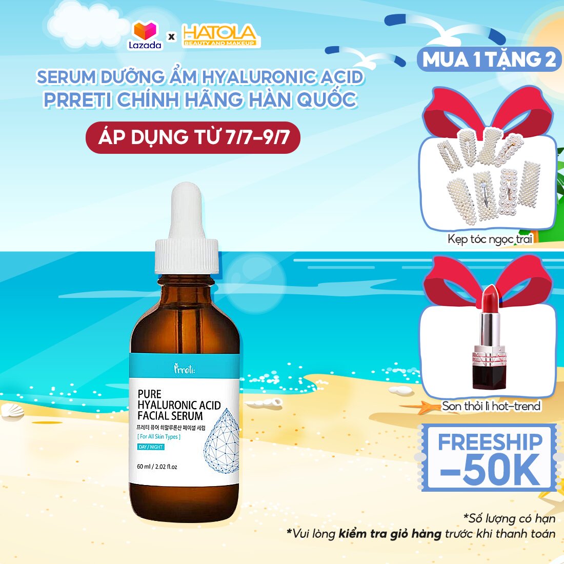 Serum PRRETI Pure HyaluronicAcid Facial Serum Big size 60ml giúp cấp ẩm chuyên sâu, ngăn ngừa lão hoá cho da