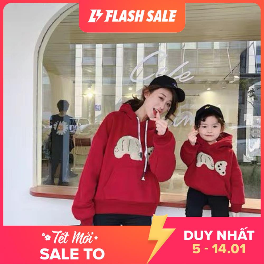 Set mẹ con áo đôi hoodie đỏ mũ liền hình gấu siêu xinh