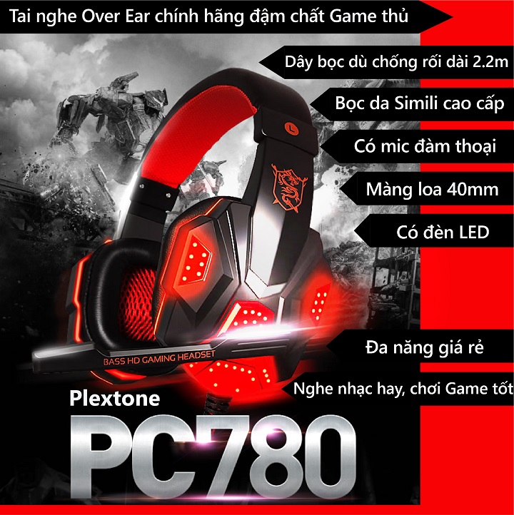 [Vouchers tích lũy] Mua tai nghe Over Ear chính hãng Plextone PC780, tai nghe đa năng giá rẻ thiết kế chụp tai kiểu chùm đầu đâm chất Game thủ(Có đèn LED), màng loa 40mm bọc da Simili cao cấp.
