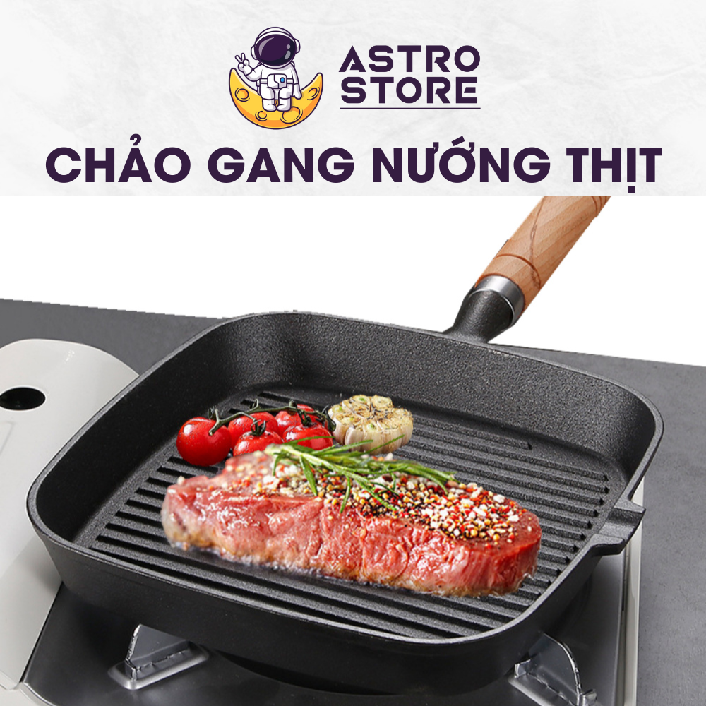 Chảo gang nướng thịt bbq, chảo gang làm bít tết steak đúc nguyên khối chống dính size 22cm tay cầm gỗ dùng cho mọi bếp