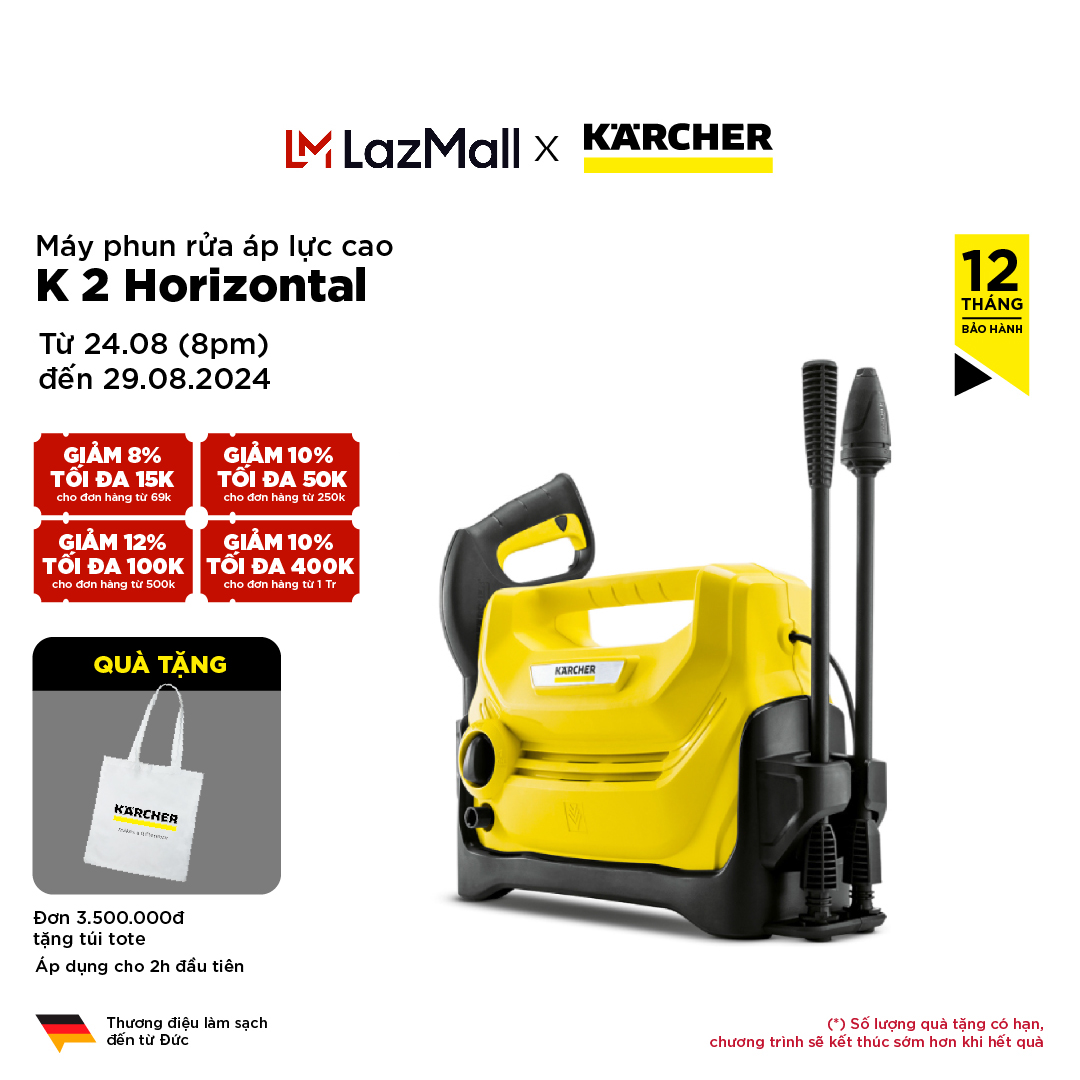 Máy xịt rửa xe áp lực cao 1400W Karcher K2 Horizontal gồm dây cấp nước, áp lực 110 bar, 2 tia phun, dây áp lực 6 mét