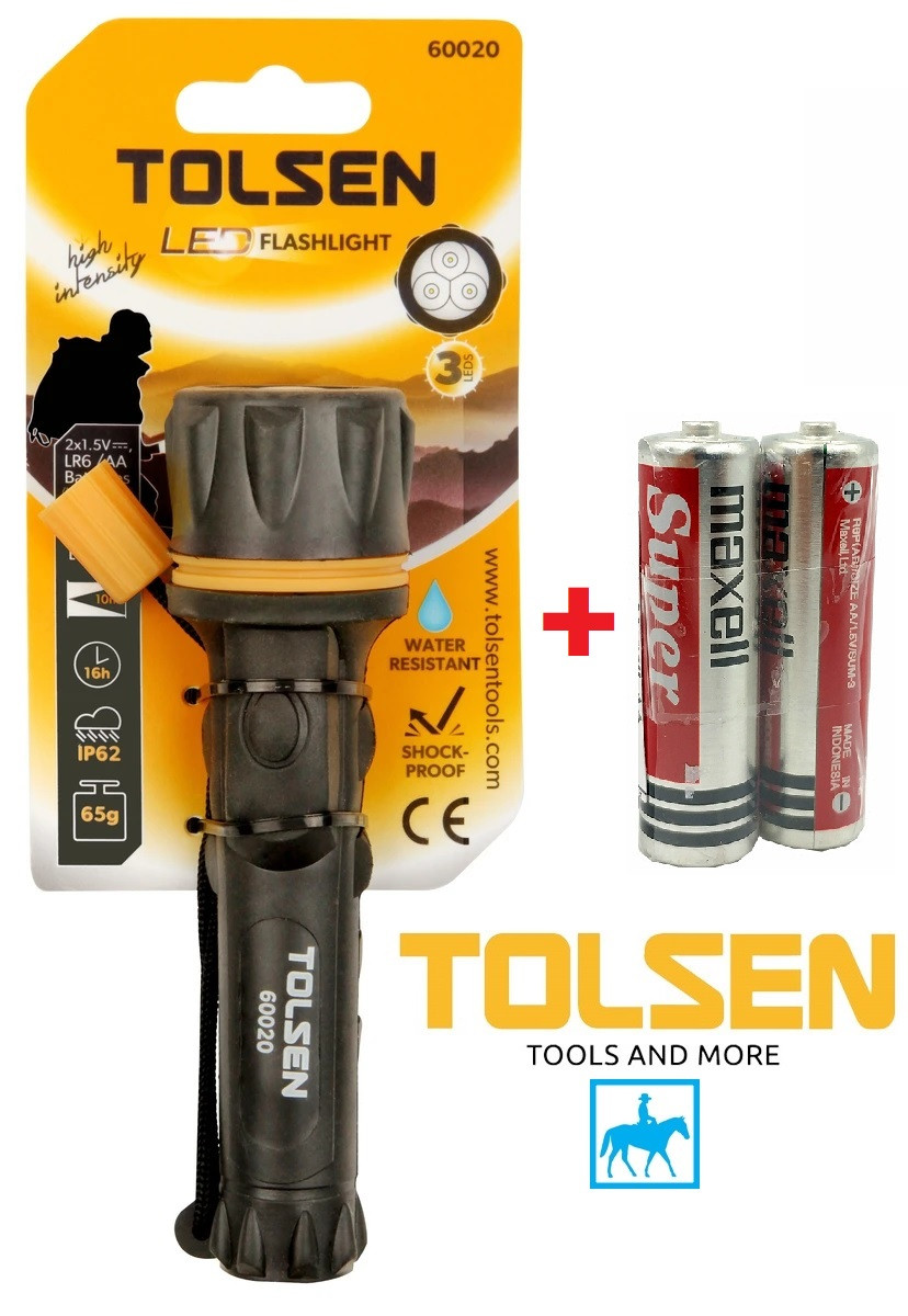 Đèn pin led chiếu xa 10m 65g chống nước ip62 chống sốc 12lumens tolsen 60020 tặng 2 pin aa maxell - 60020