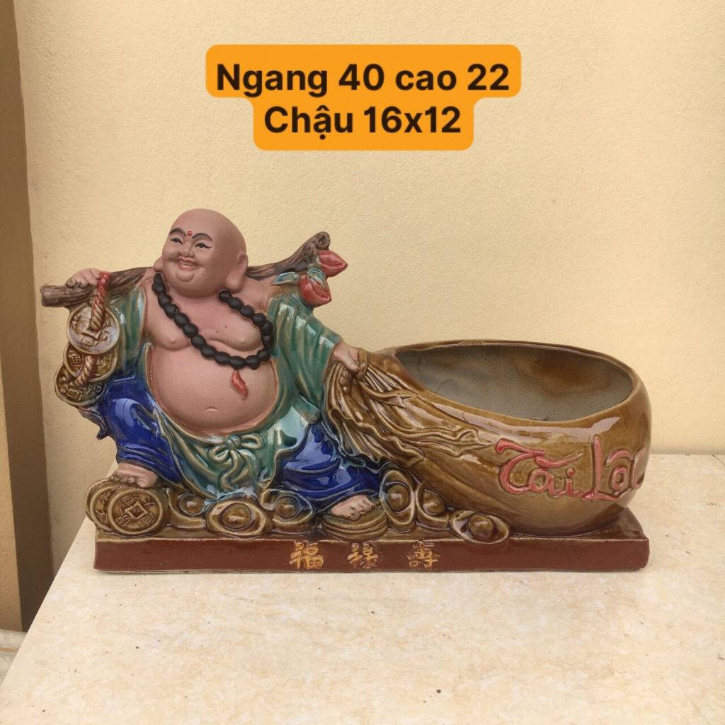 Chậu tượng di lạc kéo túi tài lộc men màu xanh ngọc SP520