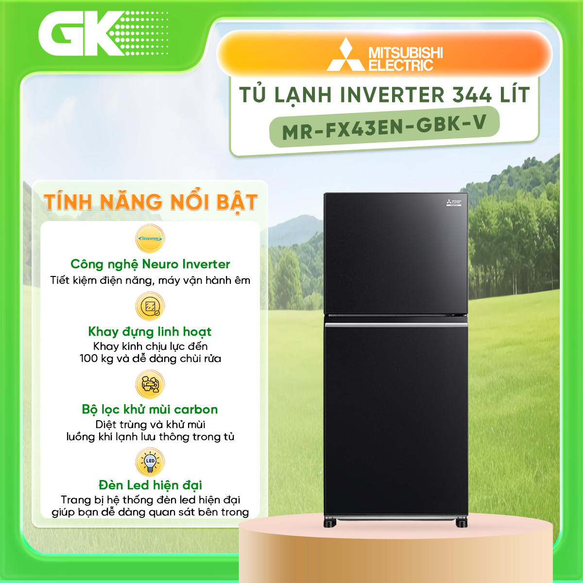 Tủ lạnh mitsubishi electric 344 lít mr-fx43en-gbk-v - giao toàn quốc - freeship hcm