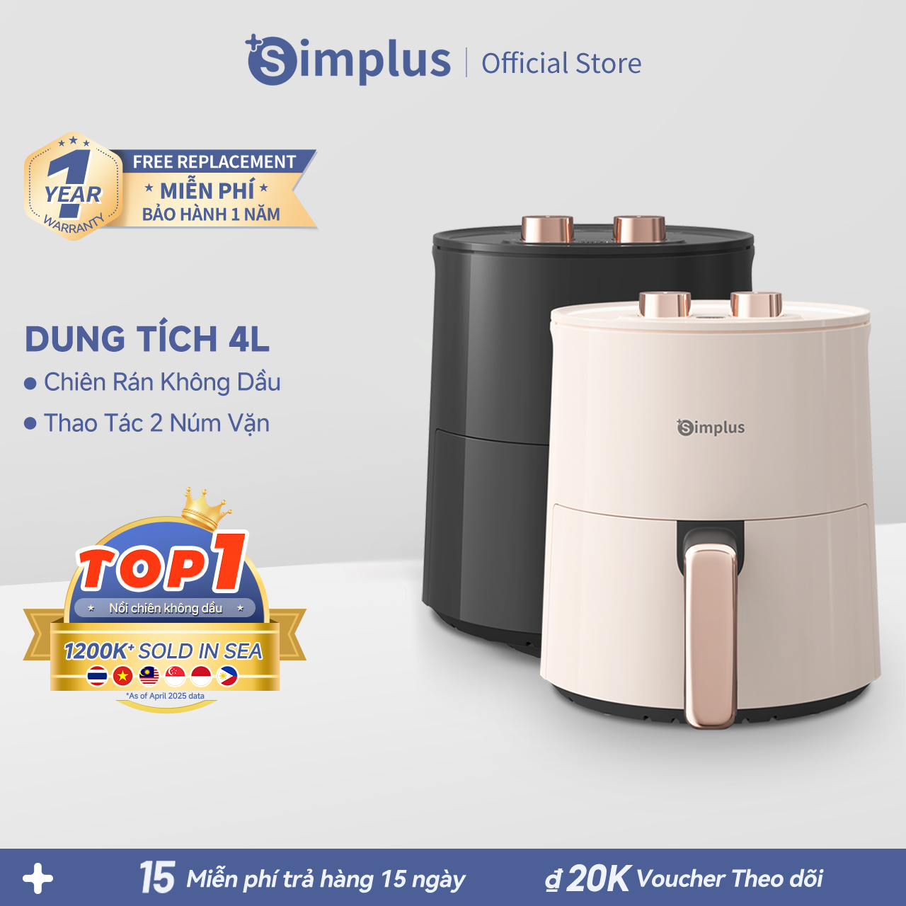 Simplus Nồi chiên không dầu 4L, Nồi chiên không dầu đa năng không dầu mỡ bếp chiên không dầu dung tích lớn, sang trọng tiết kiệm thời gian KQZG007- Bảo hành 1 năm 1 đổi 1