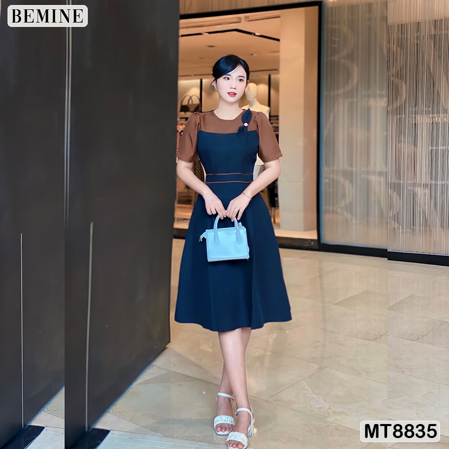 Đầm thiết kế cổ tròn vai đính nơ phối tay ngắn bemine mt8835