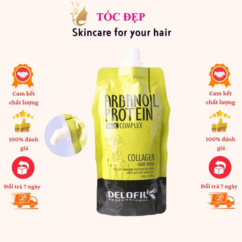   CHÍNH HÃNG  DELOFIL- DẦU HẤP Ủ TÓC PHỤC HỒI DƯỠNG ẨM COLLAGEN DELOFIL ARGANOIL PROTEIN SIÊU MƯỢT 500ML TÚI  