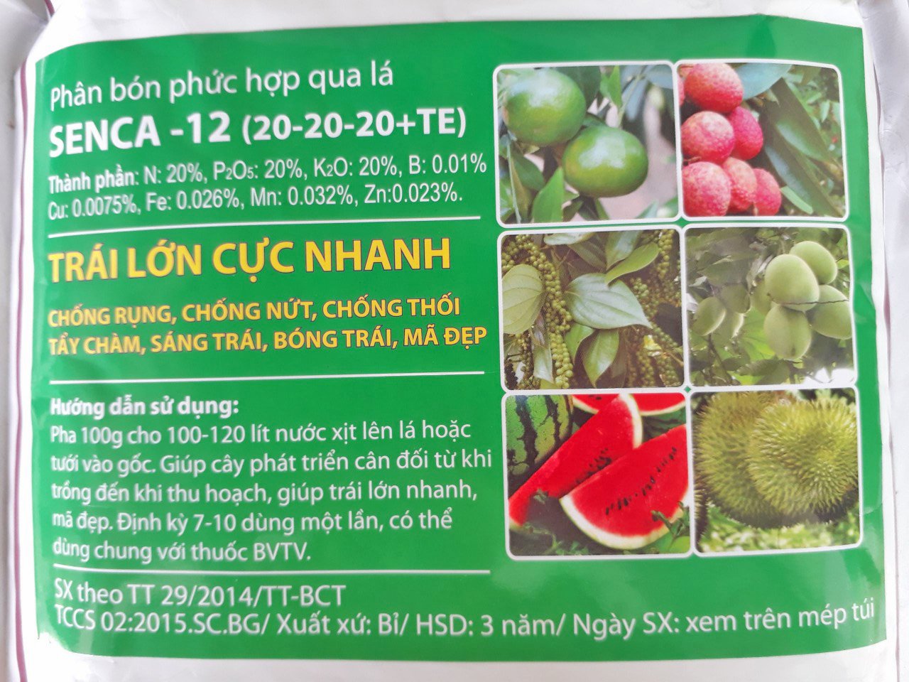 PHÂN BÓN LÁ PHỨC HỢP CHO NGỌT TRÁI, TO TRÁI, TRÁI LỚN CỰC NHANH, TẨY CHÀM, BÓNG TRÁI, MÃ ĐẸP SENCA 12 1KG