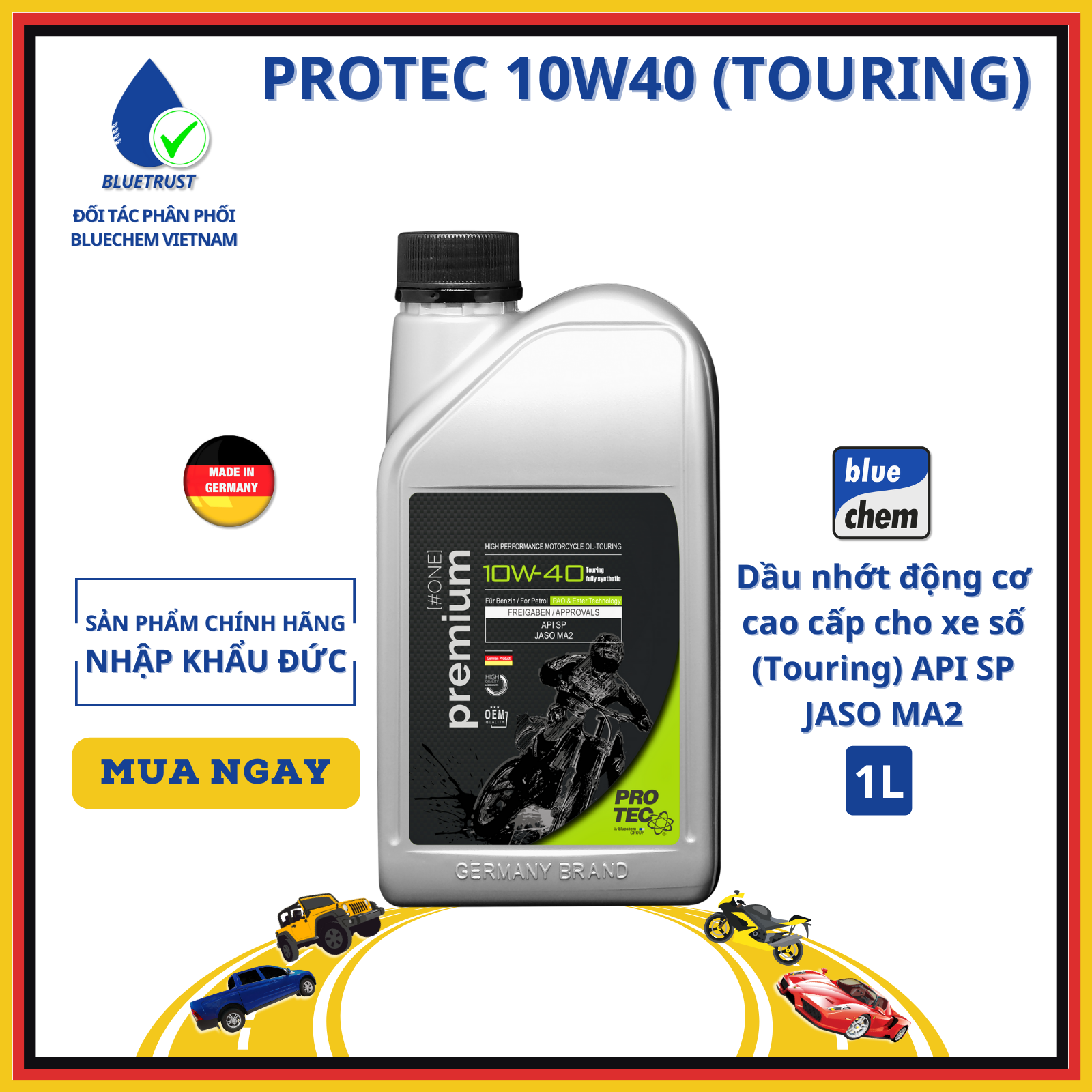 Dầu nhớt tổng hợp toàn phần xe máy, pkl bluechem protec 10w40 , api sp, jaso ma2, ester core, pao - 1 lít